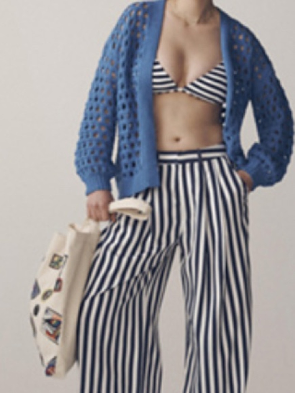 Anthropologie Navy and White Vertical-Stripe Wide-Leg Pants